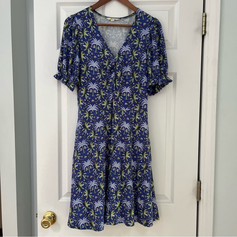 Boden Blue and Green Palm Tree V Neck  Midi Dress